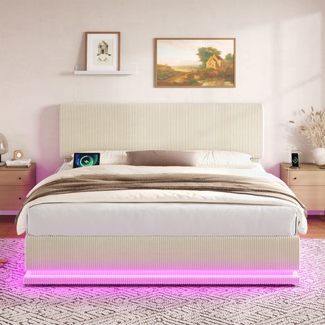 Lit rembourré moderne 180 x 200 cm avec LED, ports USB-C, tête de lit réglable, tissu côtelé, sommier à lattes solide et grand espace de rangement sous le lit, beige (1/5)
