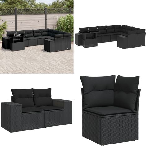 Salon de jardin 10 pcs avec coussins noir résine tressée - Ensemble Salon De Jardin - Meuble Extérieur - Salon De Jardin Pliable - Table Extensible - Chaise Lounge - Home & Living (1/5)