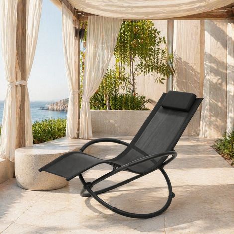 Chaise longue à bascule 143,5x66x86 cm en métal et textile noir, moderne pour jardin FloraGrace (1/4)
