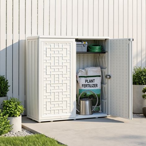 VEVOR Cobertizo de Jardín para Almacenamiento Armario de Exterior Blanco, para Organizar Herramientas en Patio Jardín Terraza, a Prueba de Lluvia, Estantes Ajustables, Puertas con Cerrojo, de Resina (1/5)