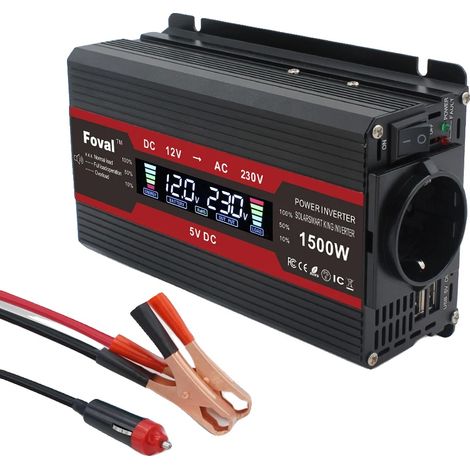 Inversor de potencia, onda sinusoidal modificada, dos puertos USB, 1500 W, color negro. (1/2)