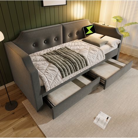 Lit rembourré 90x200 cm en velours gris avec tête de lit capitonnée, USB-C, lampe et 2 tiroirs (1/5)