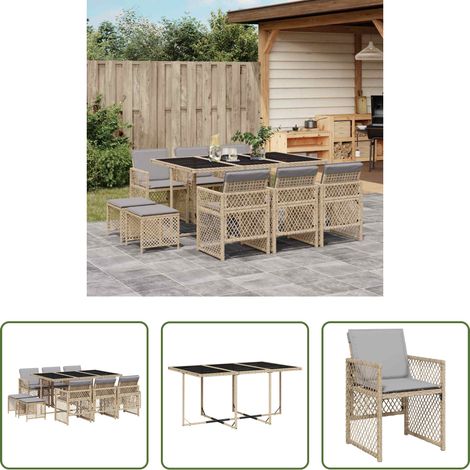 Essgruppe - 11-tlg. Garten-Essgruppe mit Kissen Beige Poly Rattan (1/5)