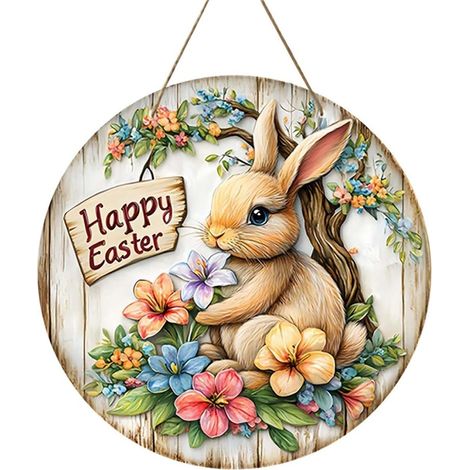 Panneau Porte Pâques - Lapin En Bois - Décoration Murale Intérieure - 20 cm - 1 Pièce (1/5)