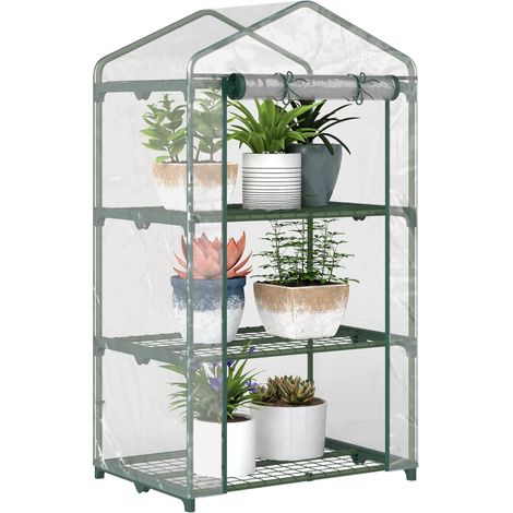 Mini serre de jardin avec revêtement en plastique et structure en acier, serre à plantes avec 3 étagères et porte à charnières, 69 x 49 x 125 cm, transparente (1/3)