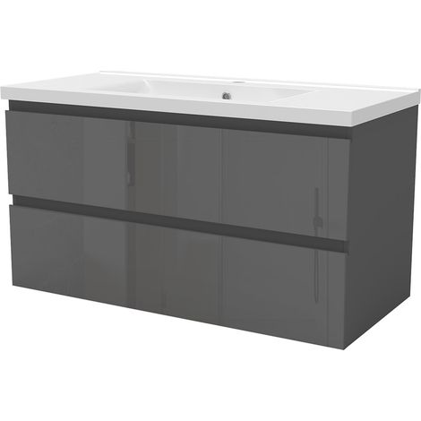 Biubiubath Wall Hung 1000mm Bathroom Vanity Unit without Basin Gloss Grey 2 Drawers Flat Pack (1/5)