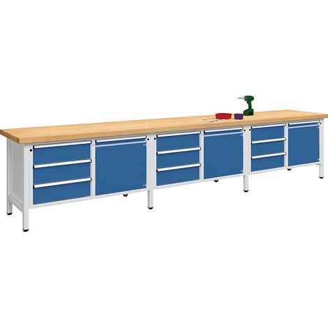ANKE, Établi extra-large sur piétement, 3 portes, 9 tiroirs à