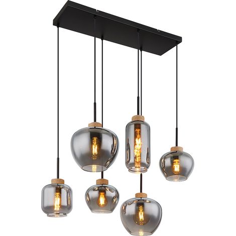 Lampada a sospensione lampada a sospensione lampada a sospensione lampada da tavolo da pranzo, 6 fiamme, retro vetro fumé metallo nero canapa marrone, 6 attacchi E27, LxLxA 80x40x120cm (1/5)