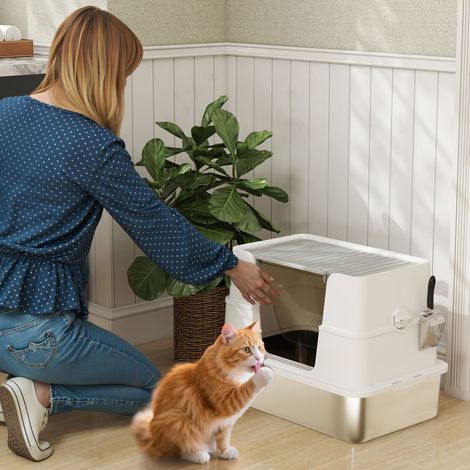 Litière pour chat, gris clair HaChi, avec pelle, intérieur XL, en acier inoxydable (1/5)