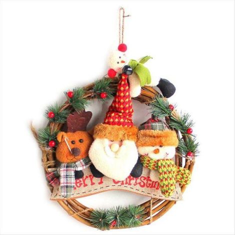 Couronne De Noël - Bonhomme De Neige En Peluche Sur Base En Rotin - Décoration Porte D'Entrée Mur Fenêtre - Diamètre 30 Cm - 1 Pièce (1/5)