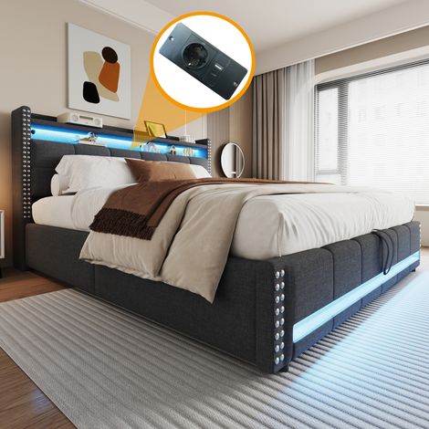 Lit rembourré 180x200 cm en lin gris, avec LED, USB, tête de lit avec étagères et rangement relevable (1/5)