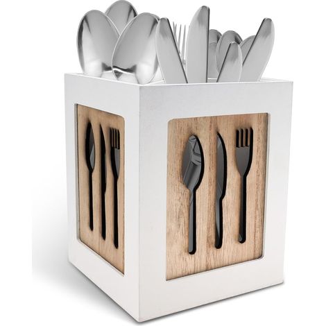 Besteckkasten, 4 Fächer, Besteckhalter aus Holz, Besteck-Organizer, für Löffel, Gabeln, Messer, Tischaufbewahrungsbox 14,5 x 12 x 12 cm (1/5)