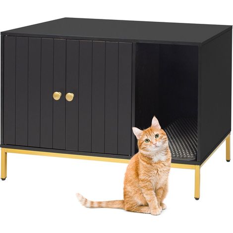 Relaxdays Cat Cabinet for Litter Tray, with Litter Mat, Side Entrance, H x W x D: 55 x 80 x 50 cm, Black/Gold