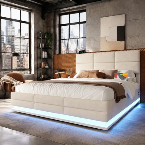 Stauraumbett 160x200 cm aus beigem Samt, verstellbares Kopfteil, LED und USB/Type-C HAVRYA (1/5)