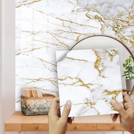 Adhesive Backsplash for Kitchen 20X20 Gold Marble Kitchen Stickers Kitchen Wall Stickers Adhesive Wall Tiles Bathroom Stickers PVC Adhesive Wall Tiles (10 Pieces) (1/5)