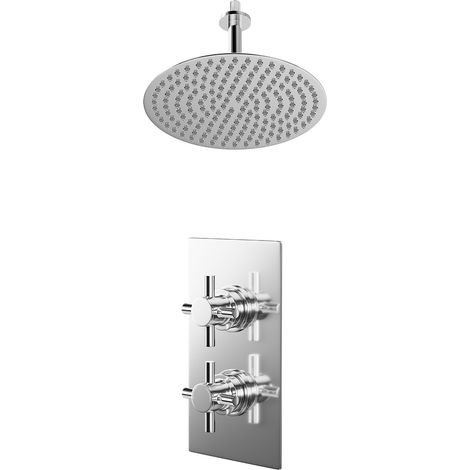 Cross Polished Chrome Concealed Twin Thermostatic Shower Valve and 300mm Thin Round Fixed Head with 150mm Ceiling Arm - 1 Outlet (1/5)