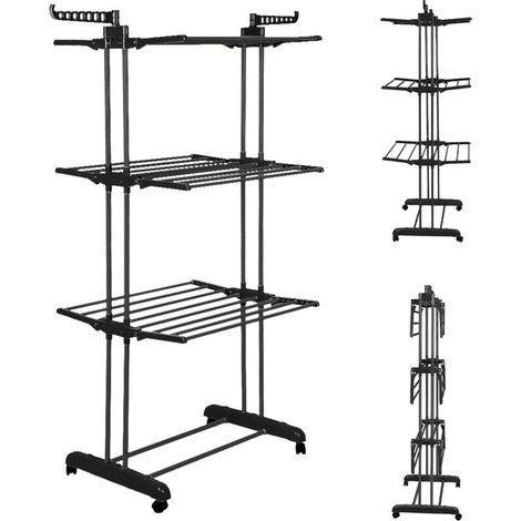 Séchoir à linge pliable à 3 niveaux, grand séchoir à roulettes, 75x4x170cm, avec ailes rabattables avec espace de rangement pour chaussures (1/5)
