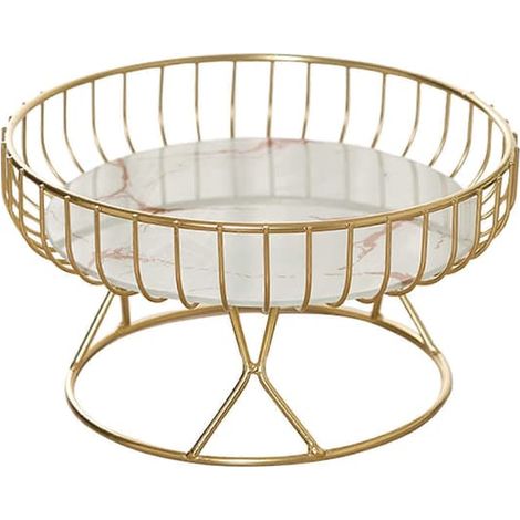 DécorationCorbeille à fruits ronde en fil métallique avec plateau marbré, style moderne, blanche, taille M. (1/5)