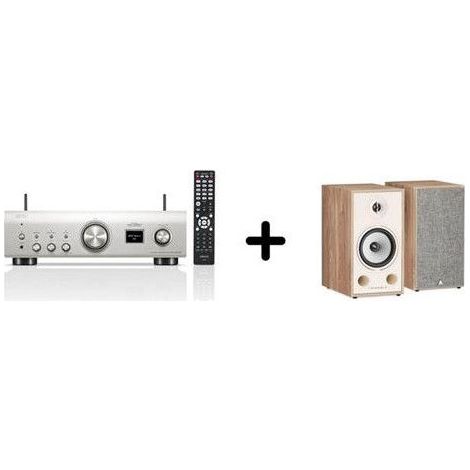 Un amplificador Denon PMA-900HNE Plata + un par de altavoces de estantería Triangle BR03 Roble Claro