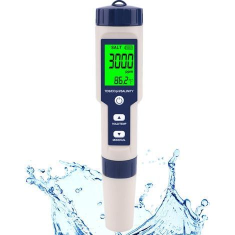 Testeur de sel de piscine et PH-mètre, compteur de salinité numérique et testeur de PH pour piscine eau salée et eau potable, 5 en 1 salinité PH Temp EC et TDS mètre piscine spas, haute précision (1/5)