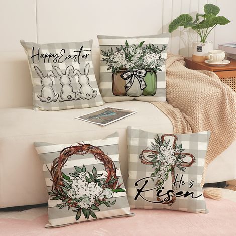 Housses de coussin décoratives de Pâques – 45 x 45 cm (lot de 4) – Motifs lapins et feuilles d'eucalyptus – Décoration chaleureuse, style rustique printanier (1/5)