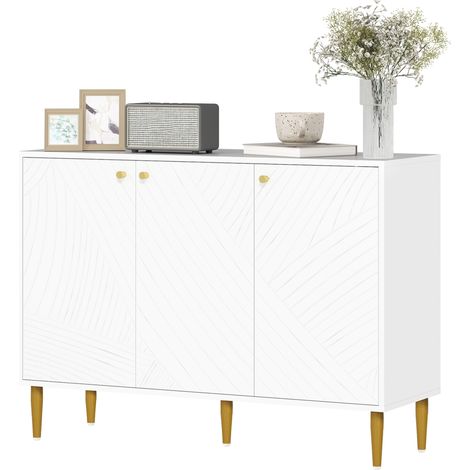 Buffet de rangement 2 placards 3 portes étagères ajustables pieds dorés acier blanc 107x35x77 cm (1/5)