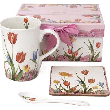 Tazza in porcellana a forma di tulipano da 320 ml con cucchiaino e sottobicchiere, perfetta come regalo. (1/5)