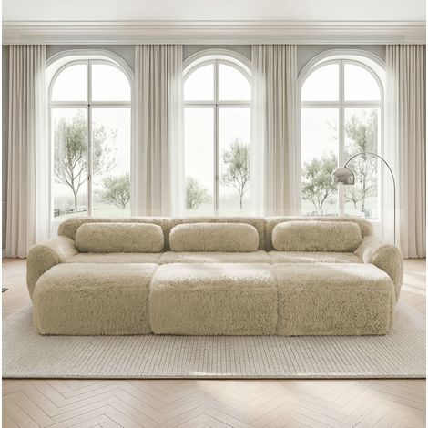 Modulares 3-Sitzer-Sofa hellkhaki aus Plüsch mit 3 Ottomanen und rahmenlosem Design (1/5)