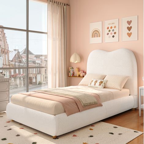 Cama infantil 90x200 cm beige en bouclé con somier, cabecero acolchado y almacenaje hidráulico (1/5)