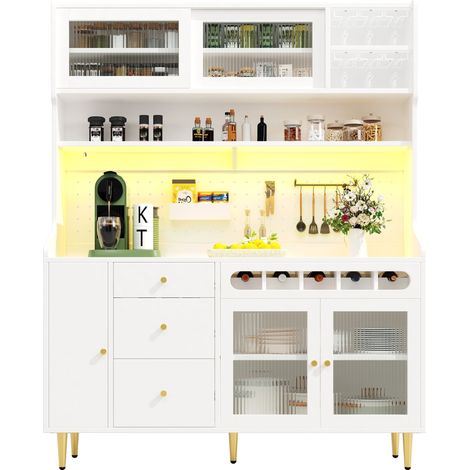 ELVMI Credenza da Cucina con 1 Cassetto, 3 Ripiani Regolabili, Porta Scorrevole in Vetro e LED, in MDF, Bianco (1/5)