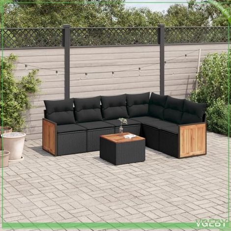Salon de jardin - Modulaire - Résine tressée noire - Ensemble 7 pcs avec table acacia - Coussins déhoussables (1/5)