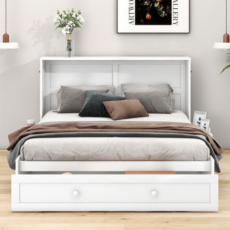 Lit escamotable 140x200 cm, lit mural pliant avec tiroir, étagères latérales et structure en pin et MDF, blanc, sans matelas (1/5)