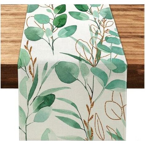 YUIT-Chemin de table motif feuilles vertes printemps été décoration de table rustique rustique chemin de table pour table de cuisine bohème table à manger 33 x 183 cm (1/5)