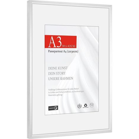 Bilderrahmen Aluminium Silber A3 (29,7x42cm) mit Passepartout A4 (21x30cm) (1/5)