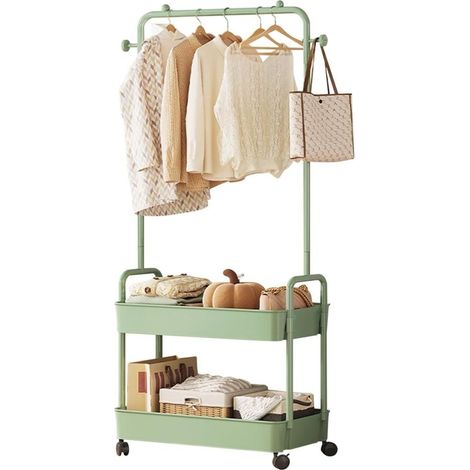 Appendiabiti in metallo con cestini portaoggetti multistrato e grucce mobili indipendenti con supporto a carrucola, appendiabiti moderno compatto, verde matcha (1/3)