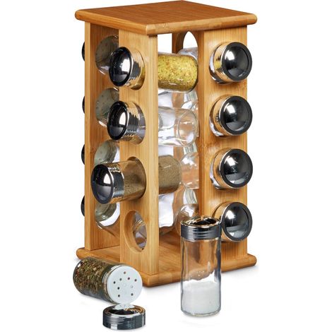 Carrousel à épices porte-épices manège à épices 16 pots en verre support en bois de bambou HxlxP: 30 x 19,5 x 19,5 cm distributeur pour la cuisine présentoir herbes aromatiques, nature (1/5)
