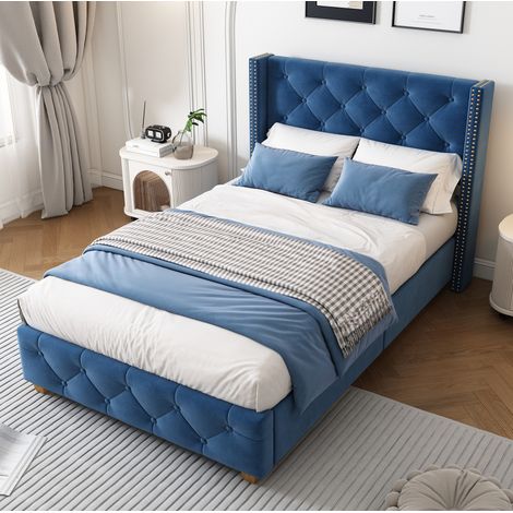 Letto singolo imbottito 90x200 cm blu in velluto con rete a doghe e testiera capitonné (1/5)