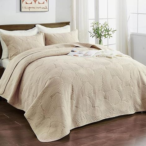 Tagesdecke Baumwolle Bettüberwurf Set Natur Pflanzen Muster Doppelbett 2 X Kissenbezug Shabby Chic 230×250cm, Beige