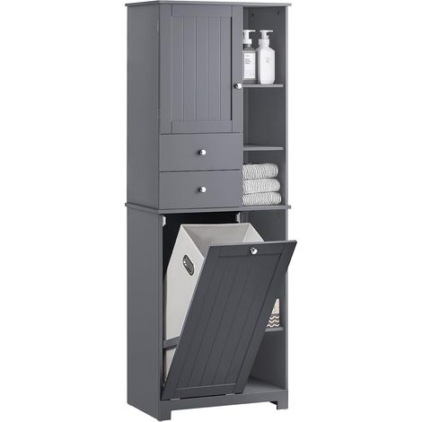 Sobuy – Meuble colonne de salle de bain BZR104DG – Armoire haute avec 2 portes, 2 tiroirs, 6 étagères – MDF laqué gris – Dimensions L60 x P37 x H170 cm