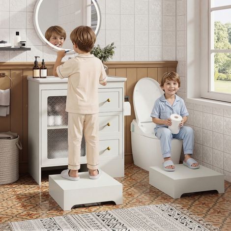 Meuble vasque salle de bain 80x50x87 cm avec vasque en céramique, éclairage LED, rangements avec verre dépoli, poignées dorées, MDF, blanc (1/5)