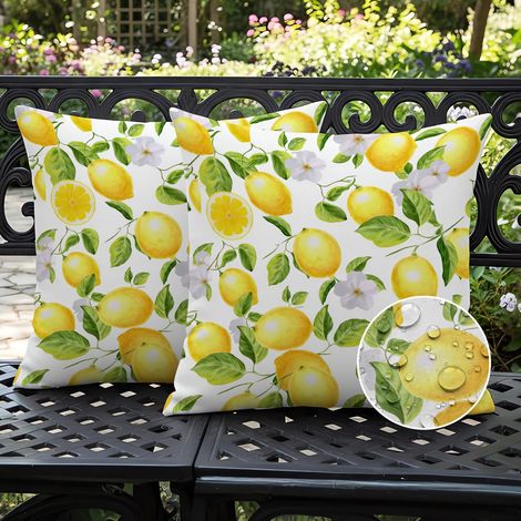 Housse de Coussin 40x40cm Extérieur Imperméable Coussins Double Motif Citron Jaune Fleurs Blanches Feuilles Vertes Moderne pour canapé Salon Balcon Jardin Voiture Lot de 2 (1/5)