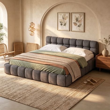 JOOKGBD-Bubble Bett Polsterbett 140x200 cm,Doppelbett mit Lattenrost, Jugendbett mit Gepolstertes Kopfteil, Gepolstertes Bett für Schlafzimmer und Gästezimmer,ohne Matratze, Leinenstoff,Grau