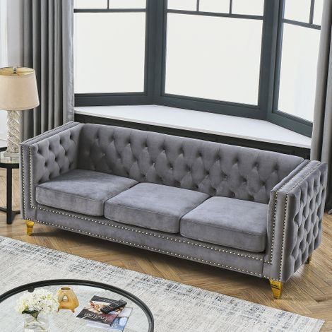 Canapé Chesterfield, en Velours, Pieds Métal Dorés, à Clous, 2 Places, Mousse, Ressorts, Velours et Bois, Gris (1/5)