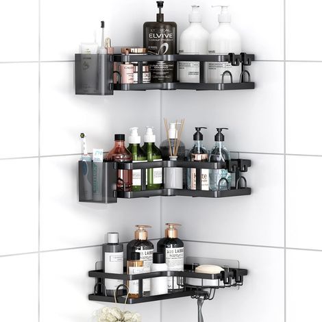 5 Pièces - Etagere Douche - Support Salle De Bain - Design Angle 90 Degrés Acier Inoxydable Sans Percage Pour Murs Carrelés Et Verre Noir 20cmx20cm (1/5)