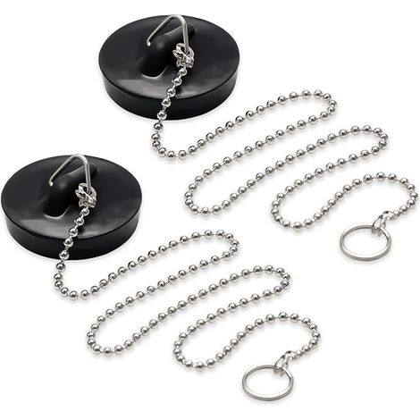 Set mit 2 Abflussstopfen, Spülbeckenstopfen mit 40 cm Kette, Badewannenstopfen, Gummistopfen für Waschbecken, geeignet für Waschbecken, Badewannen und Küchenspülen (Schwarz) (Ø40-45mm) (1/5)