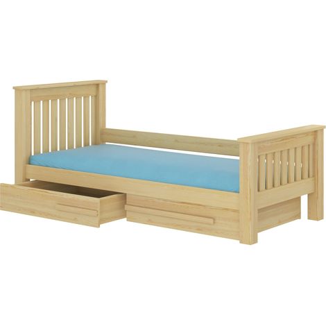 Lit enfant bois pin naturel 90x200 avec 2 tiroirs de rangement Rallye (1/4)