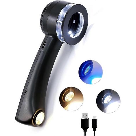 Loupe de bijouterie portable 10X rechargeable USB avec éclairage LED et UV et éclairage tricolore, pour pièces de monnaie, pierres précieuses et bijoux (1/5)