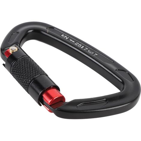 Mousquetons d'escalade à verrouillage automatique 25 kN (5620 lbs) avec boucle à crochet de type D, polyvalents pour le camping, la randonnée et les activités de plein air, noirs et rouges. (1/5)