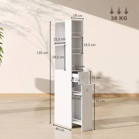 Meuble de salle de bain haut et étroit 135 cm avec 2 tiroirs, 2 étagères latérales et 3 compartiments, 18x40x135 cm, coloris blanc (1/5)