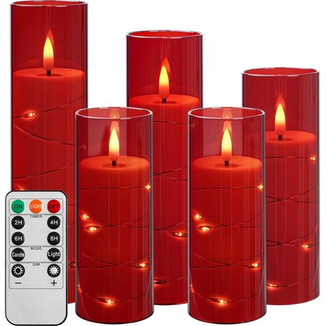 Bougie LED avec guirlandes lumineuses, bougie à piles avec télécommande et minuterie de 24 heures, bougie sans flamme pour la décoration intérieure (Rouge, lot de 5) (1/5)